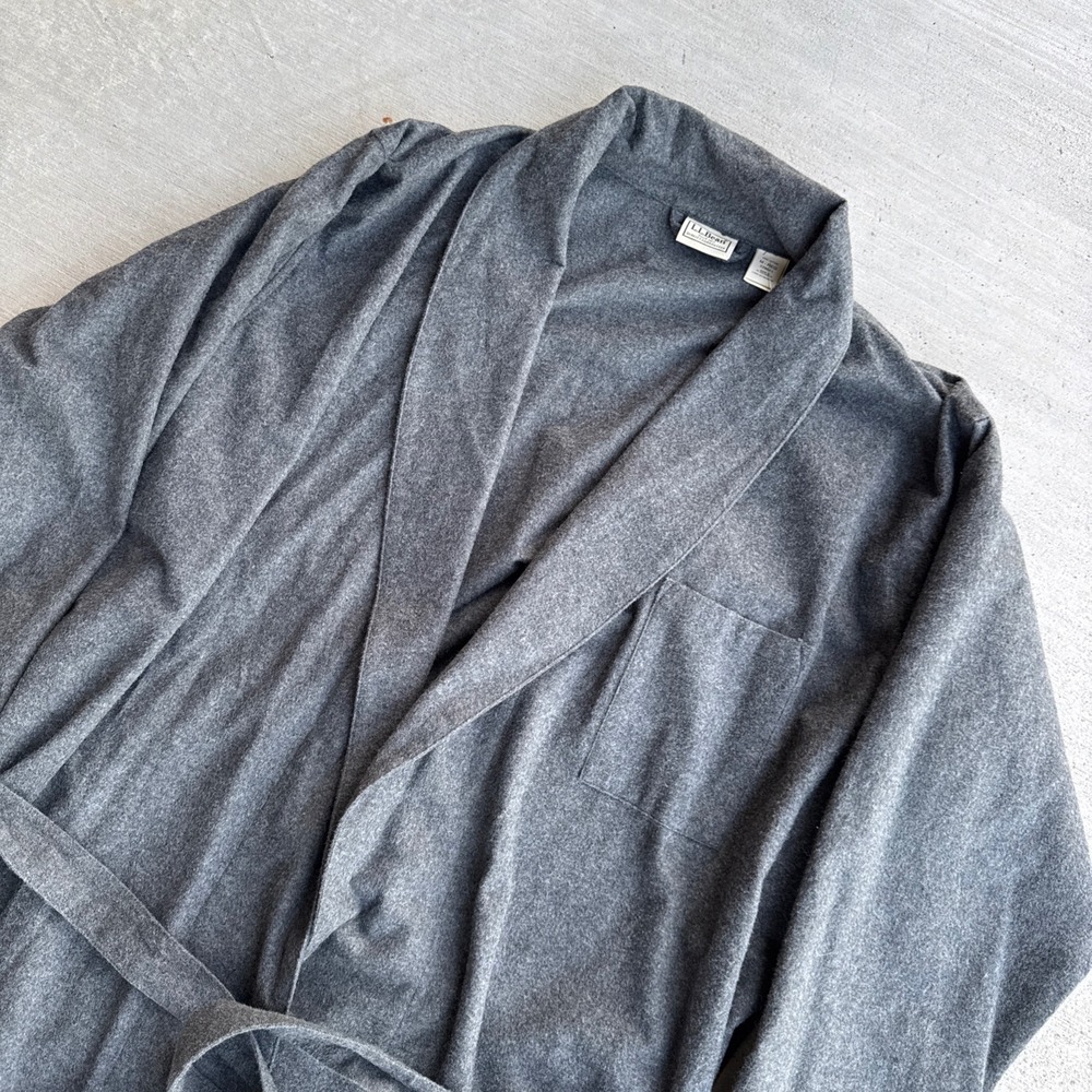 L.L.Bean Robe Mens Medium Gray Chamois Cloth Flannel Cotton Shawl Collar Belted